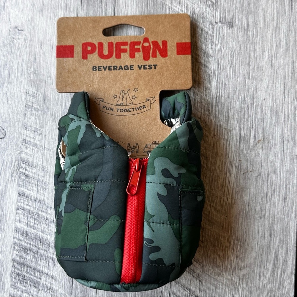 Puffin The Puffy Beverage Vest Insulated Can Cooler Camo Green & Orange
